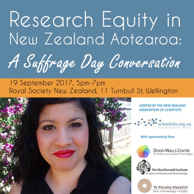 Title of event on top banner against blue background reads: Research Equity in New Zealand Aotearoa. Smaller yellow banner with time and address details. Lower half shows large photo of Zuleyka Zevallos on the left and logos of hosts The NZ Association of Scientists, and logos of sponsors: Dodd-Walls Centre; The MacDiarmid Institute; Te Punaha Matatini